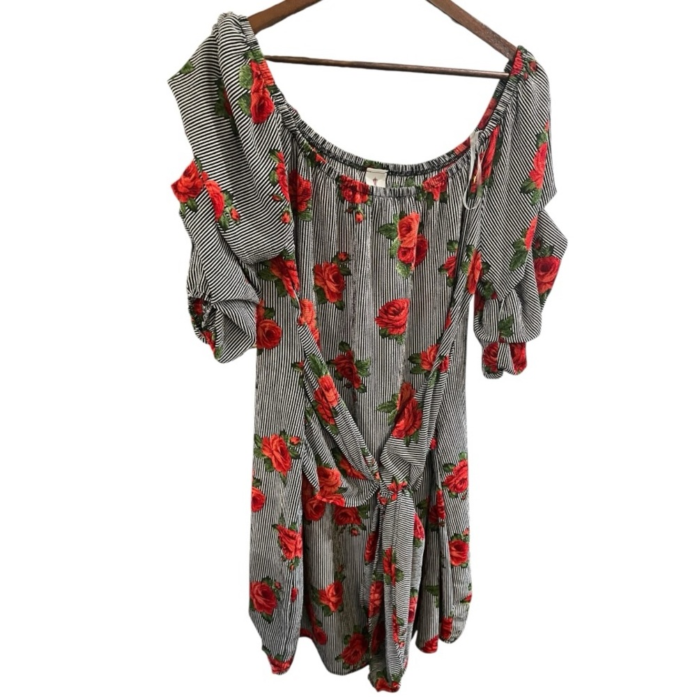 Lilian Black and White Striped Dress with Red Rose Floral Print & Sash Belt 2X